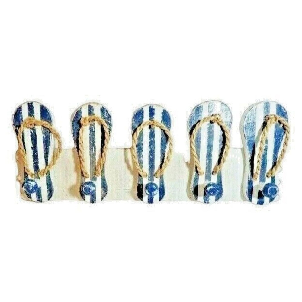 Flip Flops Hanging Wood Knobs Hooks Rope Rustic Beach Decor White Blue Stripe